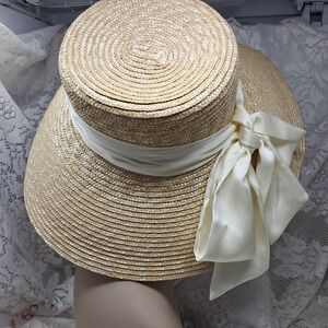 BCBG Straw Floppy Hat Wide Brim Summer Beach Wedding Occasion Cream Ribbon